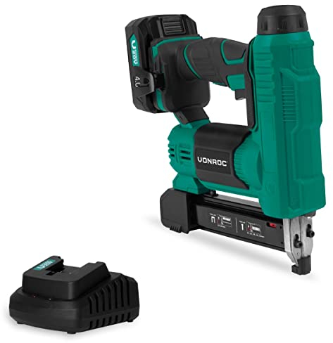 VONROC Agrafeuse Cloueuse Sans Fil 20V - Batterie 4.0Ah, 1000 Pièces d'Agrafes 20mm et 25mm, Chargeur Inclus - Taux Percussion 30 Clous/Agrafes par Minute - LED intégrée, Percussion Réglable