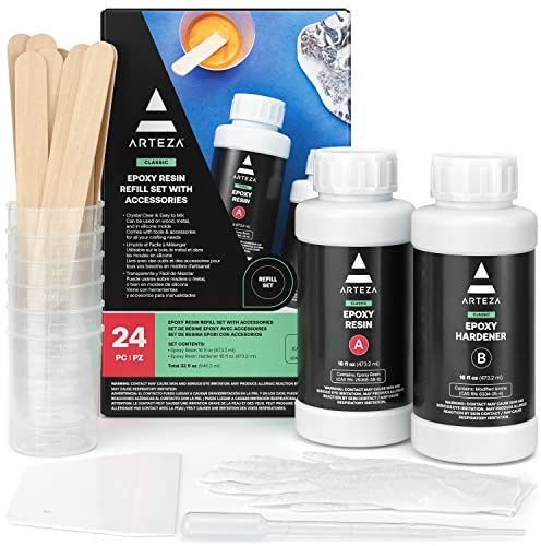 Arteza Epoxy Resin Kit, 24-Piece Refill Set, Engaging Craft Supplies & Materials, Resin Accessories Includes 2 x 8-oz Bottles and Hardener, Gloves, Dropping Pipette, Mixing Cups and Wood Sticks