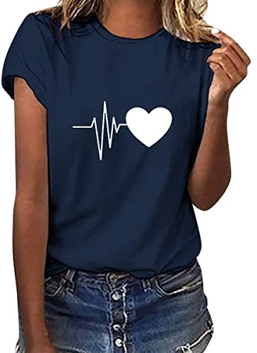 Tuopuda T-shirts Dam Sommar T-shirt Kortärmad Elegant Toppar Bomull Crew Neck Grafisk Tee Casual T-Shirt Skriv ut Roliga Sportiga Blusar Mode Toppar Plus Size, Blå, S