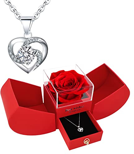 YJYJHOPE bevarad röd ros med I Love You 925 sterling silverhalsband, jul alla hjärtans dag presenter till henne, mamma, kvinnor, flickvän, fru, presentidéer för födelsedag årsdag jul