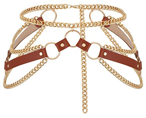 Ushiny Punk Leder Taillenkette Gürtel Braun geschichtete Taillenkette Metallgürtel Party Körperkette für Frauen, M, Kunstleder