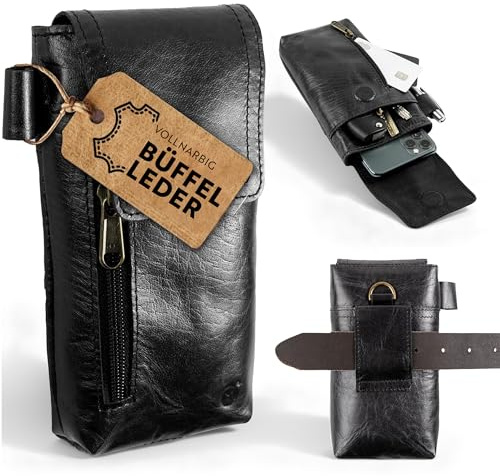 Mobilhölster i Läder – Mobilväska i Äkta Buffelläder – 18cm h x 9cm b Mobilfodral för Stora Smartphones – Säker och Hållbar Väska till Mobilen från Moonster – Bältesväska Mobil - Telefonfodral