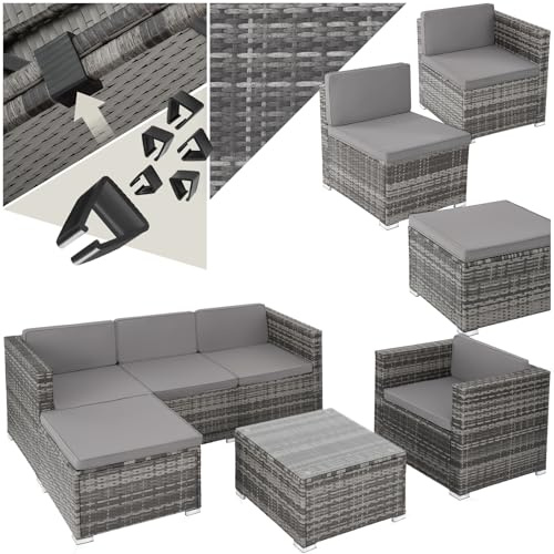tectake® Salottino in Rattan, Set da Giardino Versatile, Comode Poltrone, Tavolino Salotto con Lastra in Vetro di Sicurezza, Resistente ai Raggi UV - Per 4/5 Persone, Grigio