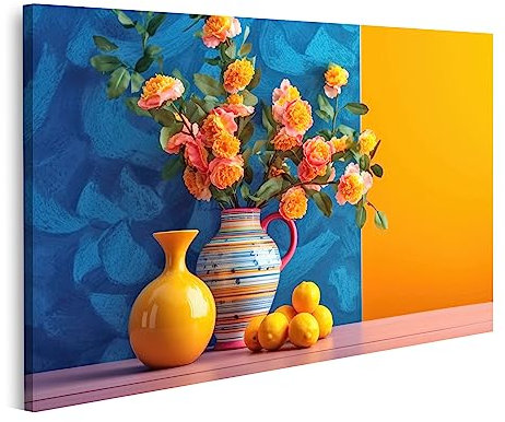 islandburner Bild auf Leinwand Bunte Vasen Blumen Zitronen Blau Gelb Stillleben Garten KI Bilder Wandbilder Poster JAZW-1P