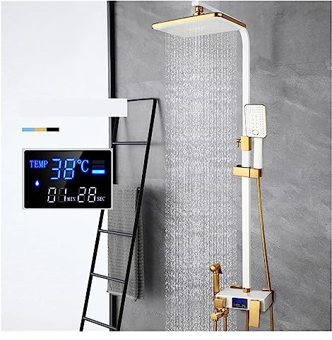 2024 New White/Black Bathroom Wall Mounted Rainfall Shower System， LED Digital Shower Set ，Hot Cold Mixer Bath Shower Faucet Sets LED Shower Panel(Color:Bianco)