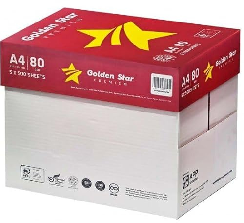 Golden Star Carta Premium A4 80gr - Confezione da 5 risme da 500 Fogli l'una - tot. 2500 fogli - ideale per tutte le Stampanti e Fotocopiatrici da ufficio e casa - bianca