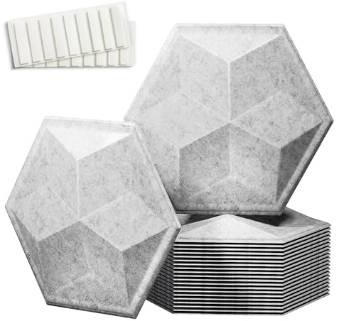Lot de 12 panneaux acoustiques hexagonaux 3D autocollants, 35,6 x 30,5 x 0,5 cm, panneaux muraux insonorisants haute densité pour la maison, le bureau et le studio d'enregistrement