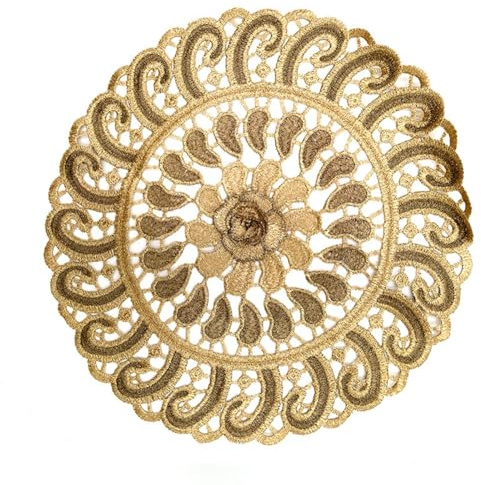 Rockreyoa Spitze Tischset Stickerei Runde Spitzendeckchen Handarbeit Häkeldeckchen Gold Tischdecken Bestickte Untersetzer Geklöppelt Tischmatte für Heimdekoration Tassen Vasen Verzierung 1#
