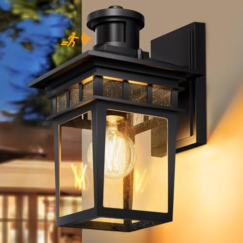 APOTO Motion Sensor Outdoor Wall Lights, Dusk Till Dawn Security Light | Cast Aluminium Anti-Rust, Waterproof, Tempered Glass, Easy to Install, Modern PIR Outside Lights Mains Powered for Front Door