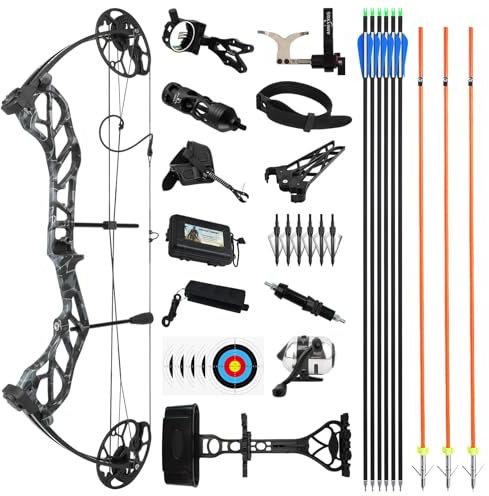 Compound Bogen Set, Bogen Angeln Jagd und Ziel, Wurfarm in USA gemacht, Zuggewicht 19-70 lbs einstellbar, Zuglänge 19~30, IBO 320FPS, mit Bogenschießen Jagd Zubehör Kit (Schwarzes Tarnmuster)