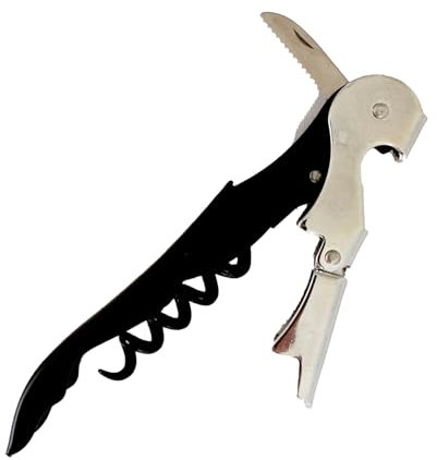 Fackelmann Sacacorchos de 2 Tiempos, Sacacorchos de Doble Bisagra, Sacacorchos de Camarero con Cortador de Cápsulas, Acero Inoxidable, Apto para Lavavajillas, Color Negro, 12 cm, 1 ud.