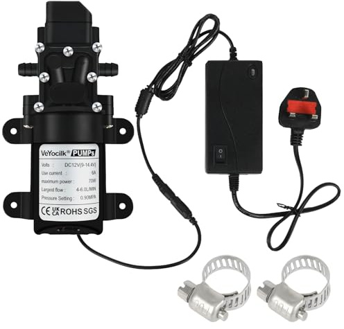 DC 12V Diaphragm Pump,1GPM 4L/Min Water Pump 3/8 10mm with Power Supply | Self Priming Pump with 2 Hose Clamps,UK Plug Power Supply Adaptor for Water Tap,Campervan,Kitchen,Bathroom,Water Tank