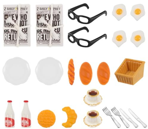JIEYAO Lot de 24 accessoires miniatures pour maison de poupée 1/12 - Porte lutin - Mini vaisselle - Couverts - Assiettes - Œufs - Pain - Tasse - Journal - Couteau - Fourchette - Bricolage -