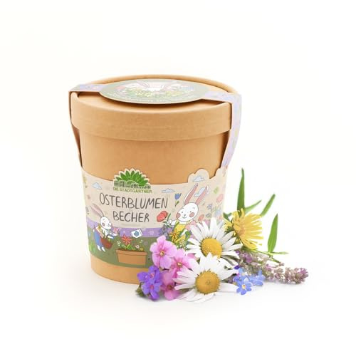 Die Stadtgärtner Osterblumen – Anzuchtset für einen farbenfrohen Osterblumenstrauß l Enthält Blumensaatgut & eine Kokos-Quelltablette im umweltfreundlichen Pappbecher