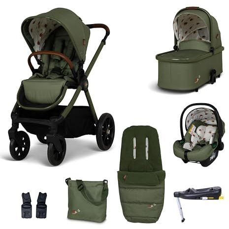 Cosatto Kinderwagen Set 3 in 1, Flach liegende Babywanne, Kinderwagenset, R129 Sportsitz, Babyschale und ISOFIX Basis, Wickeltasche & Regenschutz, 0-25kg (Hoglet)