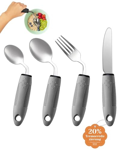 CuraVita Adaptives Besteckset (4-teilig) – 42° gewinkelt, 85 g gewichtetes Besteck bei Parkinson, Handzittern und Arthritis – ergonomische Esshilfen mit rutschfestem Griff (Rechtshänder)