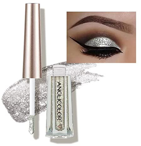 Diamond Glitter Liquid Eyeshadow & Eyeliner Pen, Starry Sequins Mermaid Eye Shadow, Crease Resistant, Long Lasting and Pigmented Sparkling & Shimmer Eyes Makeup (#07 Silver)