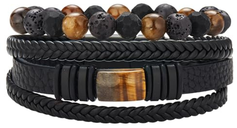 Dazylleco Set di Bracciale Uomo Pelle Nero Bracciale Perline Multistrato con Chiusura Magnetica Gioielli Uomo Regalo Festa Del Papà(83-Pietra di Tigre)