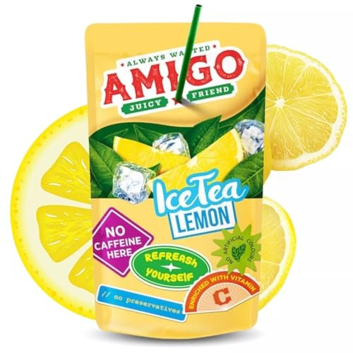 Amigo Juicy Friend Eistee Zitrone Fruchtsaft, Kindergetränk mit Strohhalm, Softdrinks Fruchtdrink natürlich ohne künstliche Aromen, Süßstoffe, Farben & Konservierungsmittel, 8x200ml IceTea Lemon