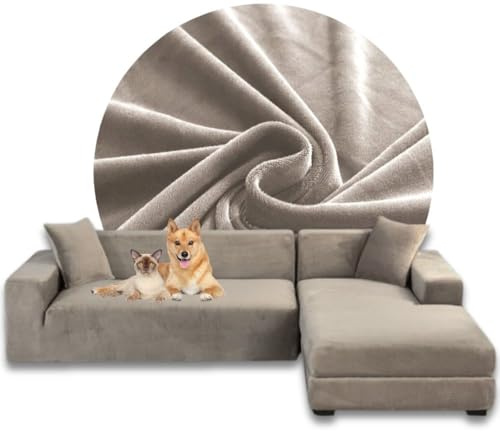 Domidekor Sofa Überzug L-Form – Elastischer Samt Couchbezug, Weich und Wasserdicht – Couch Überzug für 2/3 Sitzer, Universal Sofaüberwürfe mit Anti-Rutsch-Schaumstoffe, Beige, Rechts