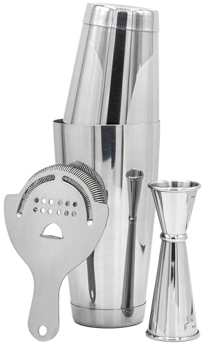 Set de coctelera de 3 Piezas, Set Profesional de Barman para Principiantes, Ideal para Bar en casa. Incluye coctelera, medidor japonés y colador Hawthorne.