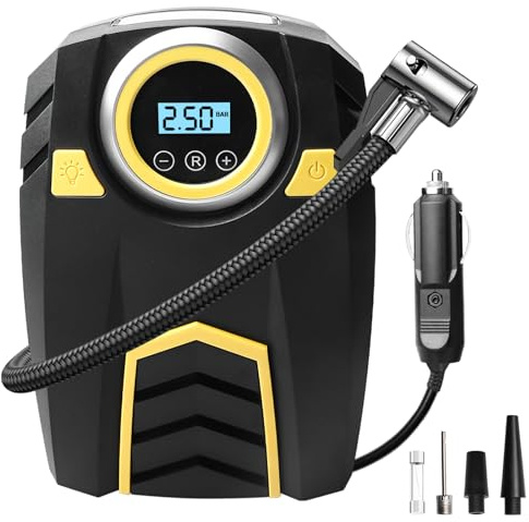 Kompressor Auto 12V, Luftkompressor Autoreifenpumpe, Tragbare Luftpumpe mit Leuchten & LCD Display, Elektrische Reifenpumpe für Motorrad, Bälle, Zubehör für Camping und Aufblasbare Produkte