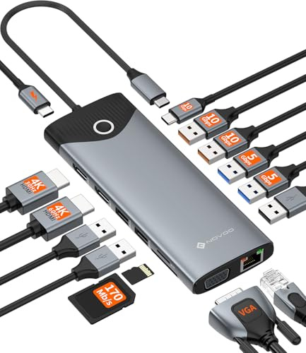 NOVOO USB C Docking Station 15 in 1 USB Dock External Screen On/Off Button, 2 HDMI 4K@60Hz, USB-C/A 10Gbps, VGA, SD/TF Reader, RJ 45 Ethernet, 100W PD, Laptop Docking Station for MacBook/Dell/HP