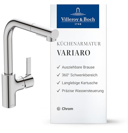 Villeroy & Boch Variaro robinetterie de cuisine, hauteur 295 mm – Chrome | Haute pression, bec orientable à 360°, économie d'eau (6,1 l/min), montage rapide, TVK13100300061