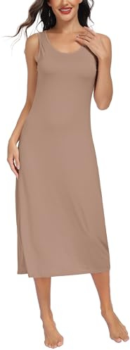 Lovasy Fond de Robe Longue Lingerie Femme en Modal sous Robe Élégant Col Rond avec Bretelles Larges Sexy Slip Chemise de Nuit Antistatique Gainant
