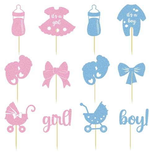 24 st babykön avslöjande muffinsdekoration, kön avslöjar cupcake-dekorationer tillbehör med glitter pappersflaskor rosetter kroppsdräkter byxor klänningar och fötter för fest