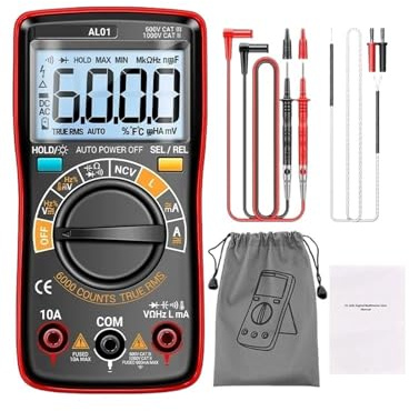 Multimètre numérique intelligent AL01, 6000 points, tension AC/DC, courant efficace vrai, Hz, résistance, condensateur, détection NCV(AL01 Red)