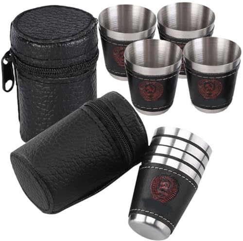 Healvian Lot de 2 Sets de Gobelets de Camping en Acier Inoxydable 30 Ml, Ensemble 4 Petits Verres 1 Étui, Tasses Légères et Portables pour Vin, Bière et Boissons en Plein Air,