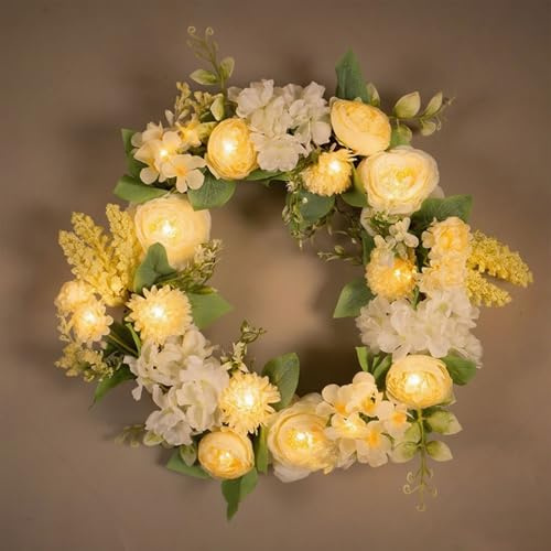 Türkranz Frühling, 40 cm Hortensien Pfingstrosen Kunstblumen Türkranz Ganzjährig Mit Beleuchtung, Frühlingskranz Haustür Frühlingsdeko