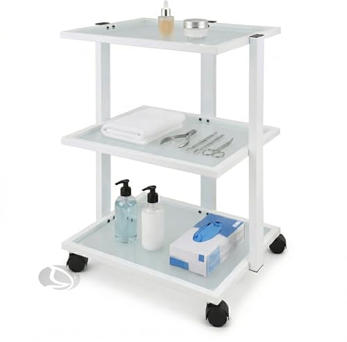Carrello Estetista con Ruote - Mobiletto con Ruote, Multiuso in Acciaio Inox e 3 Ripiani in Vetro Traslucido - Carrello Portaoggetti per Estetica, Ceretta, Tattoo e Medico - Elegante e Solido | 24 Kg