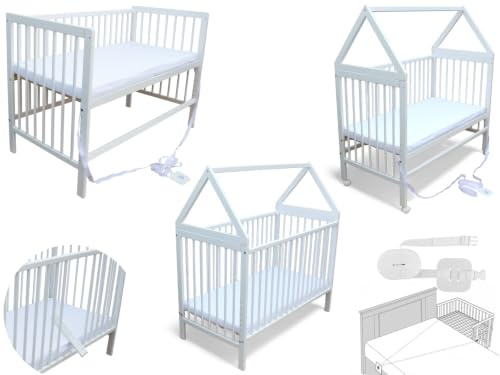 Micoland Kinderbett - Beistellbett - Babybett 120x60 cm umbaubares Bett mit Gurt, Rädern und optional Matratze (Haus mit Matratze Weiss)