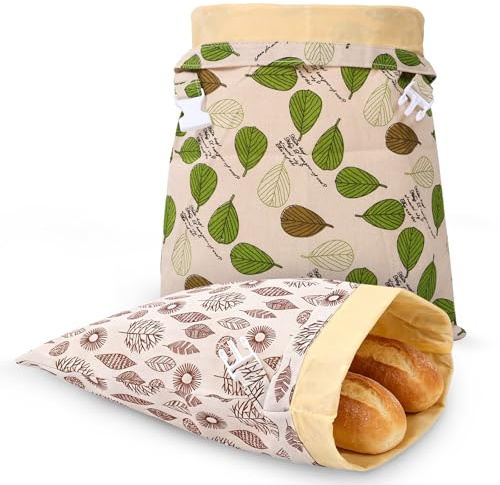 2Pcs Beeswax Bread Bags,43x33cm Reusable Linen Storage Bags to Keep Bread Fresh with Buckle Closure and Natural Beeswax Lining for Homemade,Sourdough & Fresh Breads(Green + Gray)