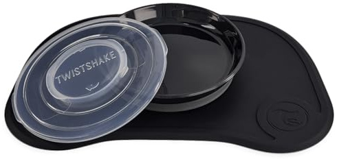 Twistshake Click Mat Matningsset för Småbarn - Barnmatningsunderlägg 38x25 cm + Barntallrik med Lock för Barn, Bordsset för de Flesta Matbord, Ätmatta och Tallrikar, 6+ Månader, BPA Fri, Svart