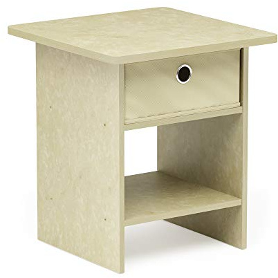Furinno Dario End Table/ Night Stand Storage Shelf with Bin Drawer, Cream Faux Marble/Ivory