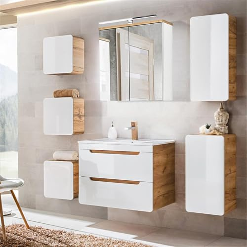 Lomadox Badmöbelset mit 81 cm Waschtisch & LED-Spiegelschrank in Hochglanz weiß mit Wotan Eiche Nb., B/H/T ca. 180/200/46 cm