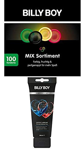 Billy Boy Kondome Mix-Sortiment Großpackung, Farbige, Extra Feucht und Perlgenoppte, 100er Mix-Pack + Gleitgel Wasserbasiert mit Fruchtigen Duft, 200 ml