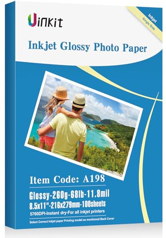 Uinkit 100 Sheets Heavyweight Thick Glossy Photo Paper Single side 8.5x11 Inkjet 68lb 260Gsm DIY Greeting Card Placemat Craft Project Signage Christmas Poster 11.8Mil for Inkjet printer