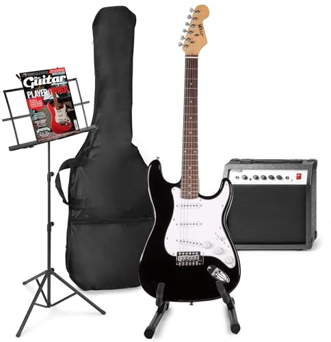 MAX GigKit E-Gitarre Set - Gitarrenverstärker 40 Watt, Elektrische Gitarrensetuitar, Gitarrrenständer, Notenständer, Gitarrentasche, Stimmgerät, Instrumentenkabel, Gurt und Zubehör - Schwarz