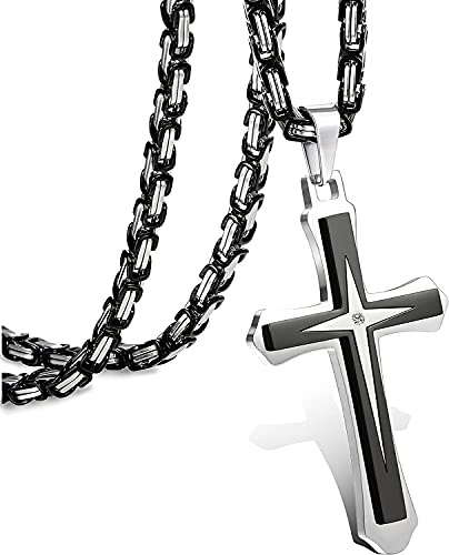 Adramata Pendentif Croix en Acier Inoxydable pour Homme Collier Chaîne Gourmette 3,5 Mm 22-30 Pouces
