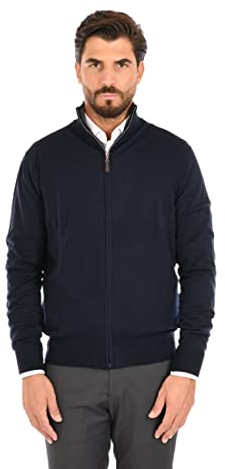 Ciabalù Cardigan Homme avec Zip Laine et Cachemire Pull avec Fermeture Éclair Col Haut, bleu, Large
