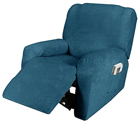 Funda de Sillón Reclinable Relax, Funda de Sillón Extensible de Terciopelo, Funda de Sillón de Masaje Lavable en Casa, Protector de Sillón Reclinable - 1 Plaza (4 Piezas), Azul Pavo Real