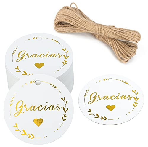 G2PLUS 100PCS Etiquetas de Papel Kraft,Etiquetas de Regalo,Gracias Etiqueta Tiqueta Redonda con Cordel para Boda Fiesta Comunión,Blanco (5x5cm)