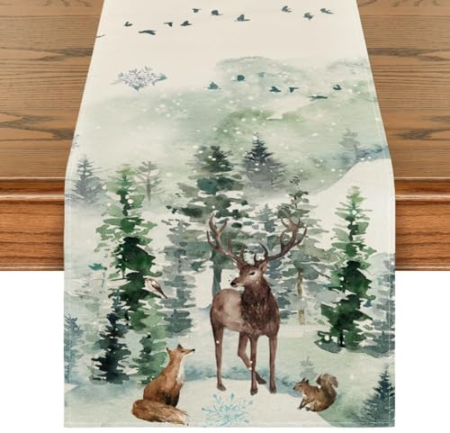 Artoid Mode Deer Fox Pine Trees Snow Christmas Table Runner, Seasonal Winter Xmas Kitchen Dining Table Decoration for Home Party Decor 40x140 cm