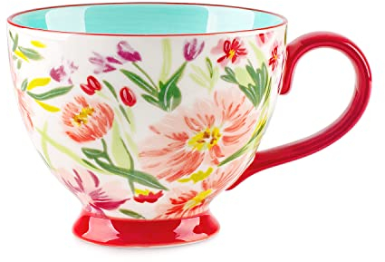 Tazza in ceramica con manico,grandi tazze in ceramica con motivi floreali dipinti a mano 15 OZ, latte, caffè, cappuccino, tè, cacao, tazze di farina d'avena per la colazione(Fiore galsang)