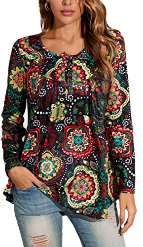 Enmain Tunika Shirt Langarm Longshirt Damen Große Größen V-Ausschnitt Longbluse Casual Elegante Tops Mit Knöpfen Paisley Blumen T-Shirt 3XL Schwarze Blume