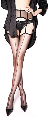 GOCBOBO Medias de liga sexy con costuras traseras transparentes para mujer, medias de liguero brillantes ultrafinas, Negro -, Talla única